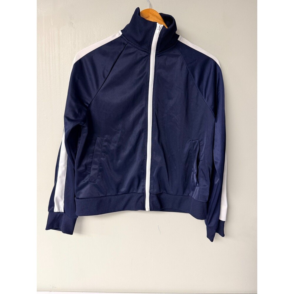 H&M Womens Small Track Jacket Navy Blue White Stripe Full Zip Pockets